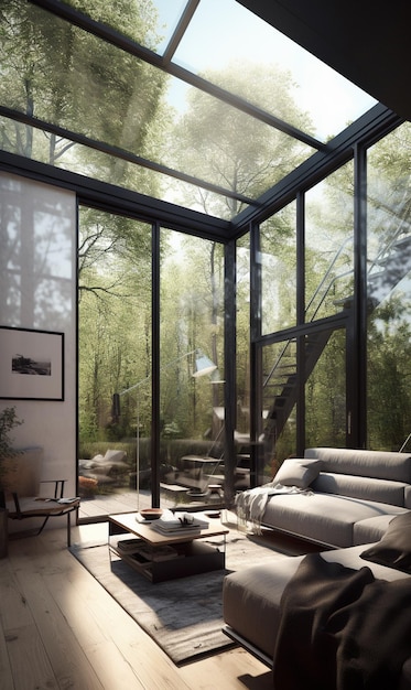 A living room with a glass roof and a staircase