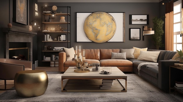 A living room with a globe on the wall