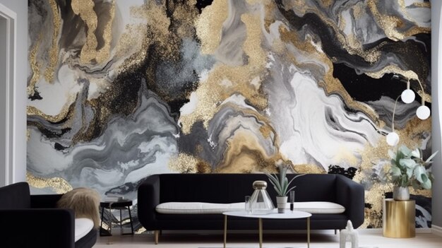 A living room with a gold and black wallpaper.