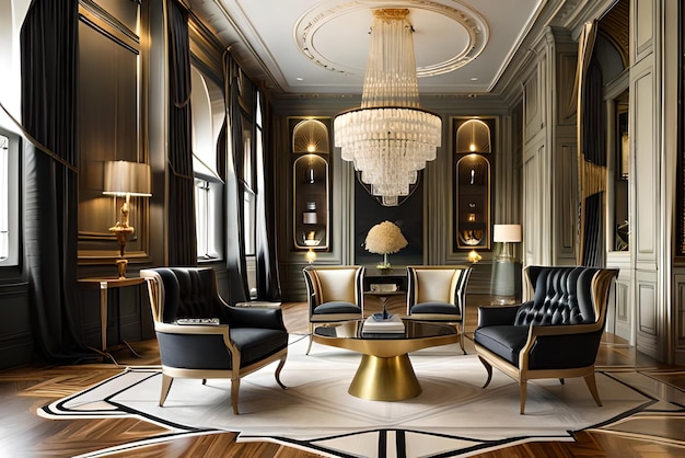 A living room with a gold chandelier and a black couch.