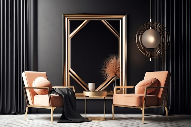 A living room with a gold mirror and two chairs.