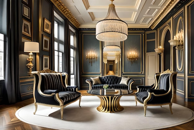 A living room with a gold table and chairs and a large mirror.