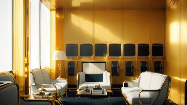 A living room with a gold wall that has a couch and a table with a lamp on it.