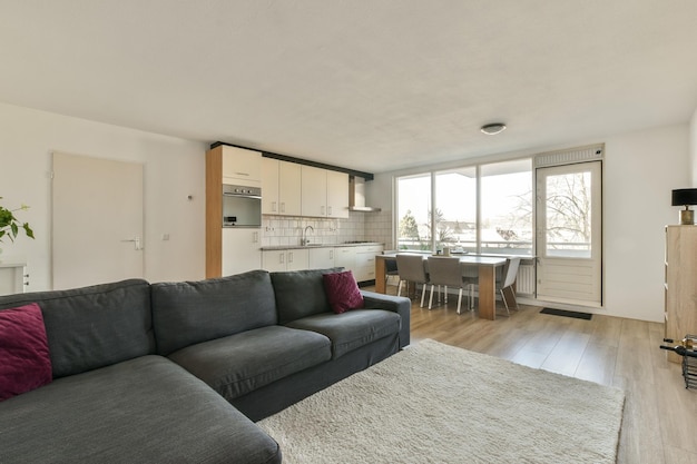 A living room with a gray couch and a rug