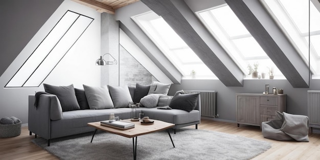 A living room with a gray couch and a table with a lamp on it