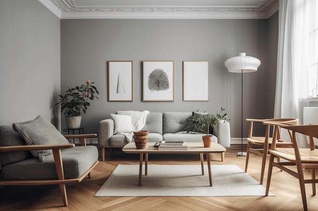 A living room with a gray sofa and a wooden coffee table.