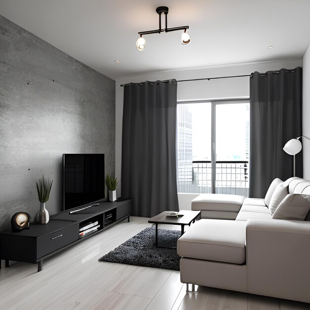 Foto un soggiorno con una parete grigia e una tv con un tavolo nero e una tv su di esso.