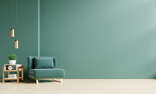 Living room with green armchair on empty dark green wall background