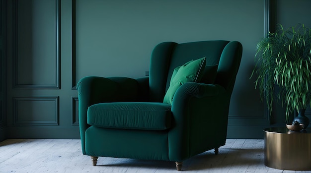 Living room with green armchair on empty dark green wall