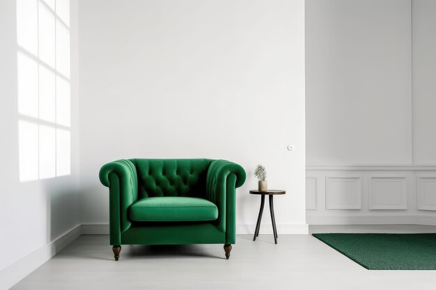 Living room with green armchair and green sofa generative AI