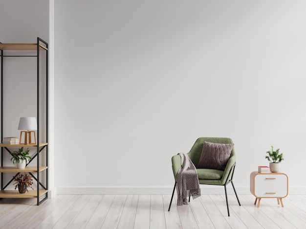 Living room with green armchair and shelf on white wall background