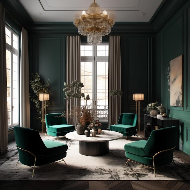 A living room with green chairs and a table with a lamp on it.