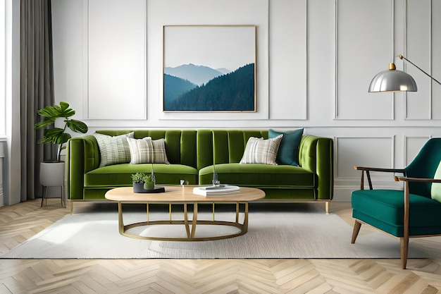 A living room with a green couch and a coffee table with a painting on the wall above it.