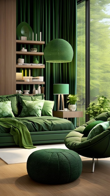 緑のソファと緑の椅子のリビングルーム フォレスト・グリーンの沿岸インテリアマスターベッドルーム