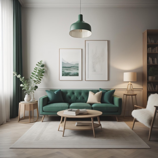 Premium Photo | A living room with a green couch and a green lamp