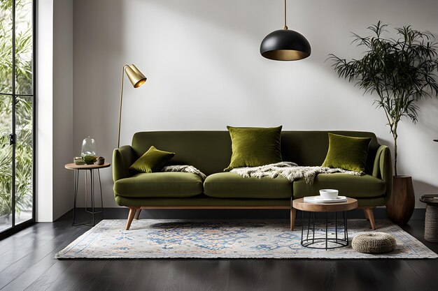 a living room with a green couch and a lamp