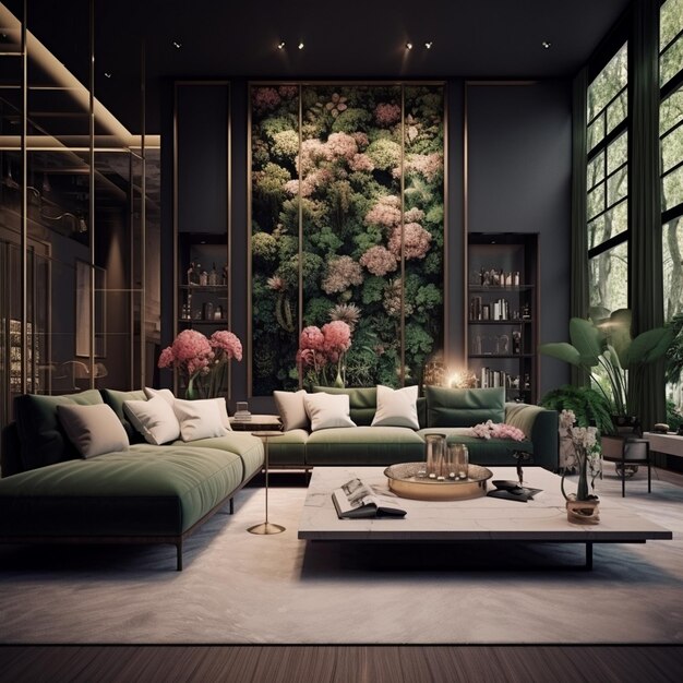 緑のソファと花の絵を描いたリビングルーム