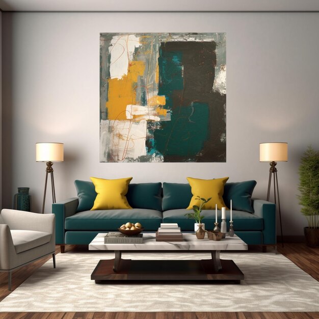 A living room with a green couch and a painting on the wall.