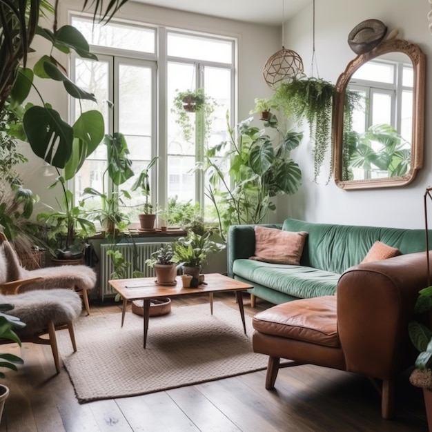 A living room with a green couch and a wooden coffee table with a wooden coffee table and a green couch.