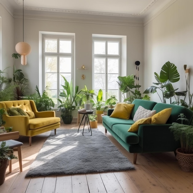 A living room with a green couch and a yellow couch with a green pillow on the left side.