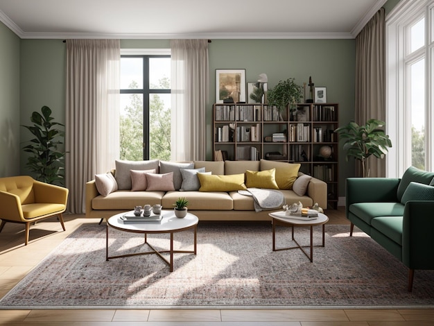 A living room with a green couch and a yellow and green couch.