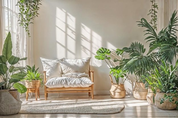 Living room with green house plantsLiving room interior room wall mockup in warm tonescozy