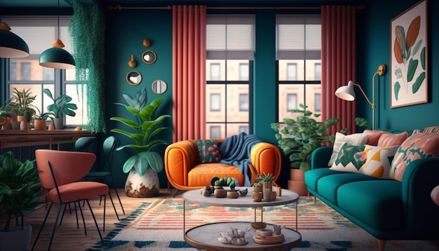 A living room with a green sofa, a blue couch, a coffee table, and a plant.