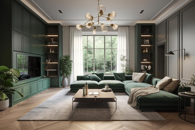 A living room with a green sofa and a coffee table.