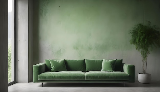 Living room with green sofa and decoration room on empty concrete wall background