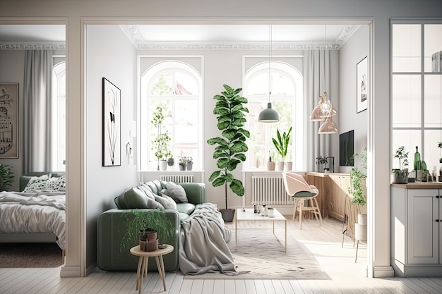 A living room with a green sofa and a desk with a lamp on it.