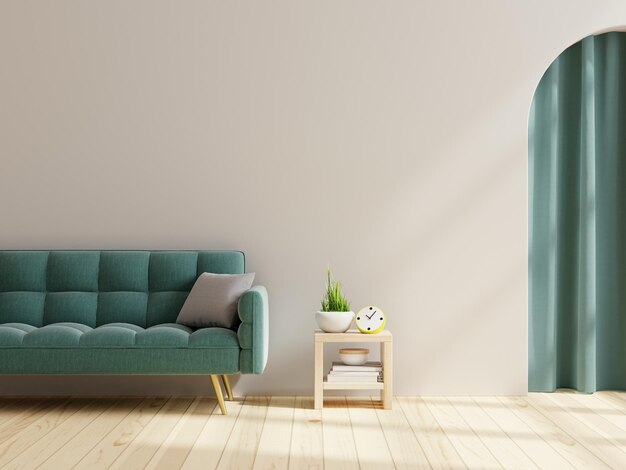 Living room with green sofa on empty white wall background