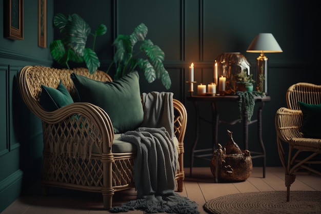 A living room with a green sofa and a lamp with a candle on it.