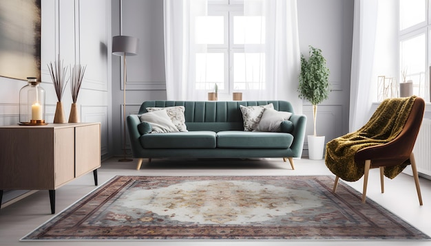 A living room with a green sofa and a large rug with a floral pattern on it.