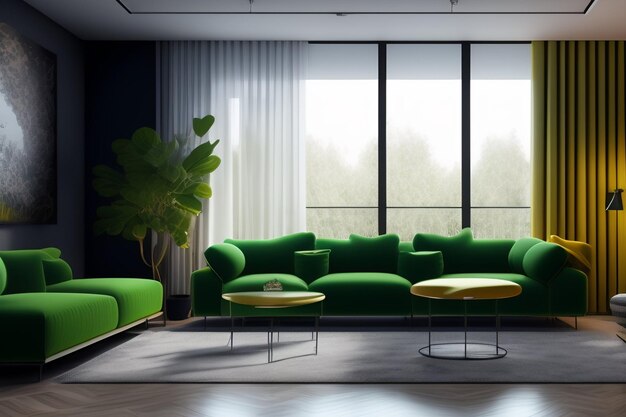 Photo a living room with a green sofa and a large window with a large window.