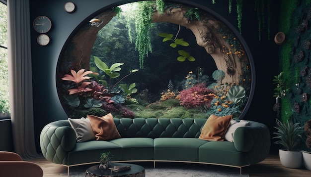 A living room with a green sofa and a large window with plants and a waterfall.