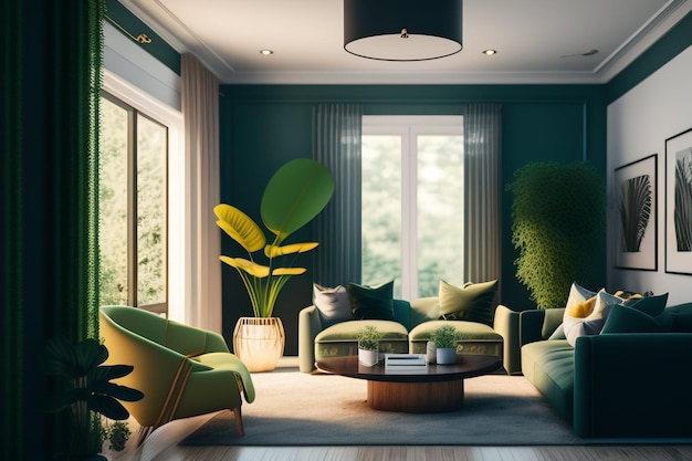 グリーンのソファと壁一面の植物のあるリビングルーム。
