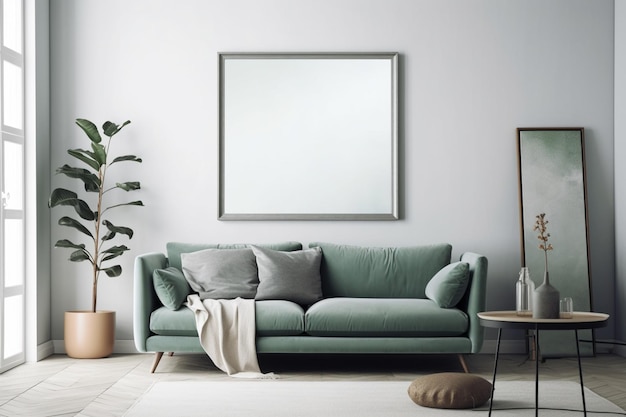 A living room with a green sofa and a plant on the wall.