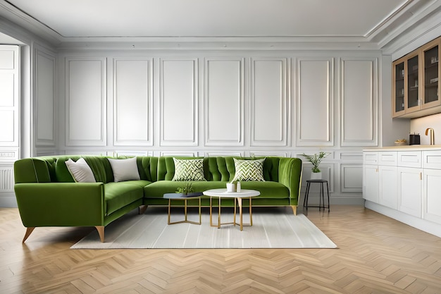 A living room with a green sofa and a white coffee table.