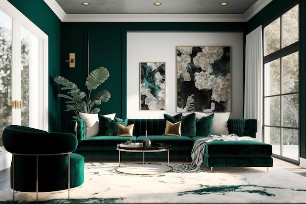 A living room with green velvet sofas and a coffee table