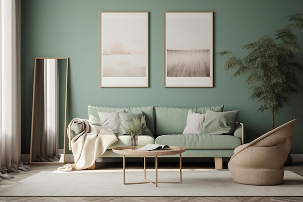 A living room with a green wall and a coffee table with a plant on it.