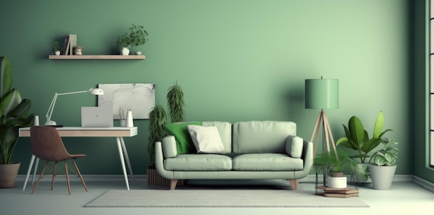 A living room with a green wall and a couch with a white pillow on it