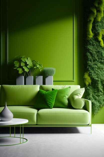 Foto soggiorno con parete verde e divano verde con cuscini verdi ia generativa