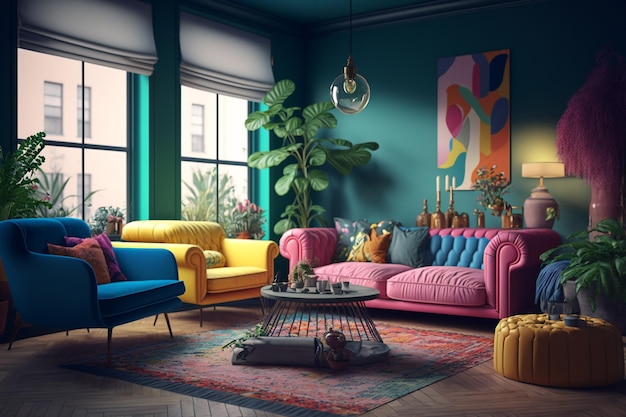 A living room with a green wall and a pink sofa with a blue and yellow sofa and a plant on the right side.