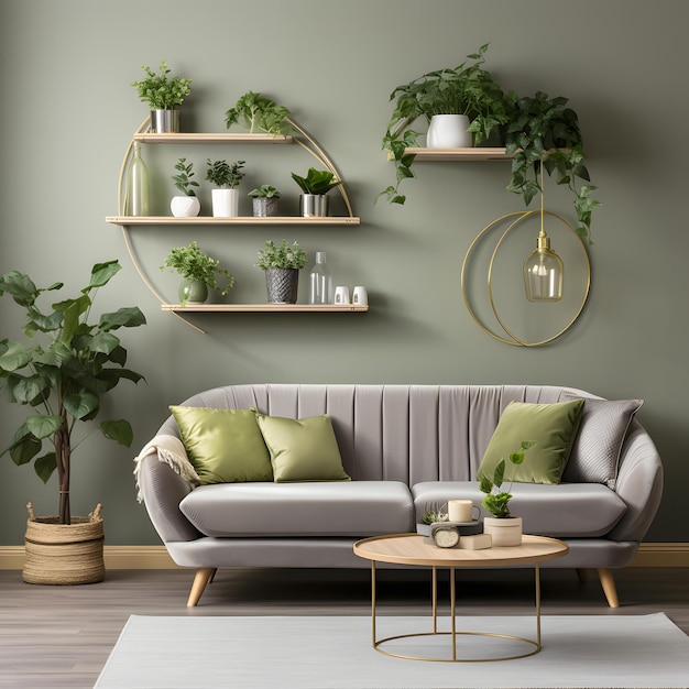 A living room with a A GREEN WALL a wall decoration