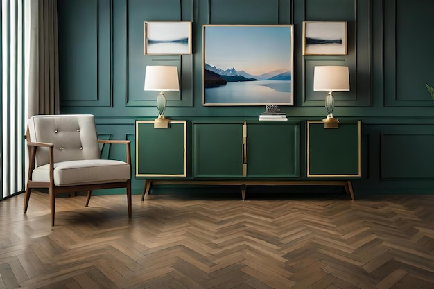 A living room with a green wall and a white chair and a painting on the wall.