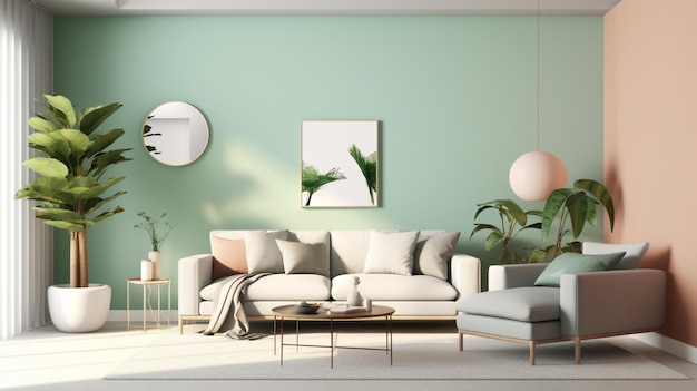 A living room with a green wall and a white sofa with a white couch and a plant on it.