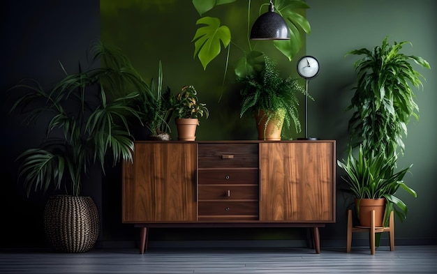 A living room with a green wall with plants and a clock on it.