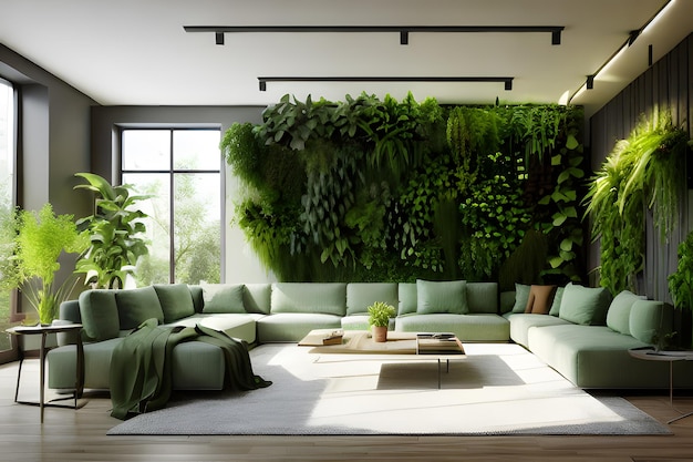 living room with green walls ecostyle in interior vertical garden 3d render out side natural