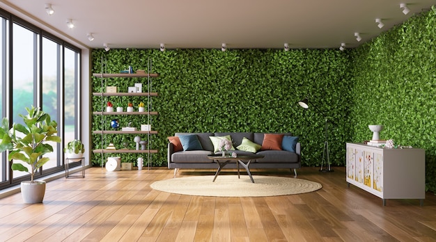 Living room with green walls Ecostyle in interior vertical garden 3d render