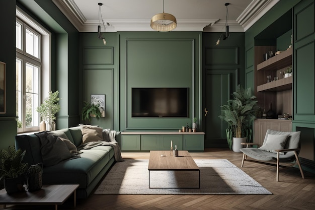 A living room with green walls and a green wall with a large tv on it.